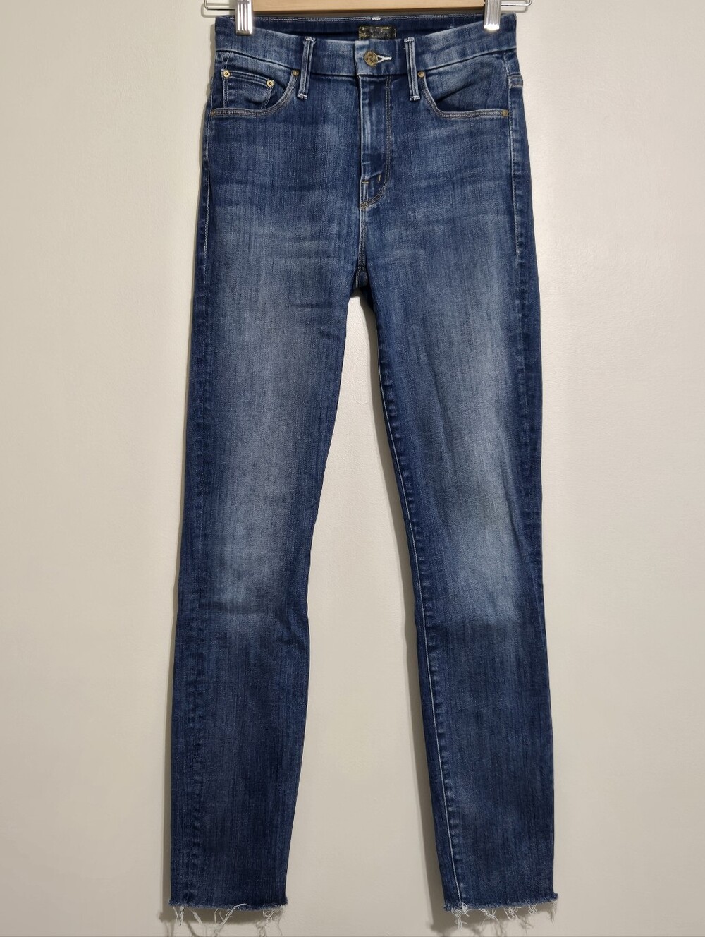 MOTHER Looker Ankle Fray Jeans High Rise Skinny Rainbow Pocket Raw Hem W23 L27